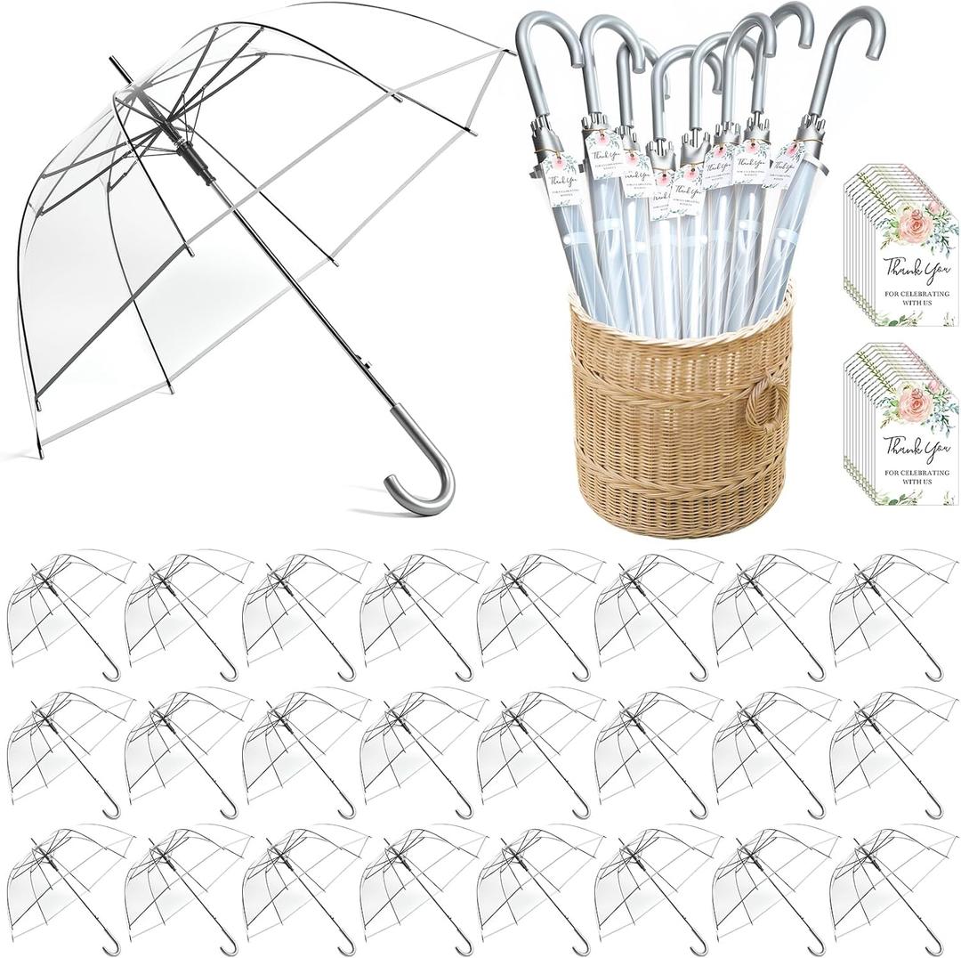 Dansydaisy 24 Pcs Clear Bubble Umbrellas Bulk 52 Inch Large Windproof Transparent Wedding Umbrellas with j Hook Handle for Wedding Bridal Parties Graduation Outdoor Events(Silver)