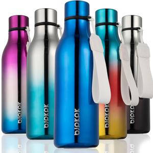 BJPKPK Insulated Water Bottles, 18 oz Stainless Steel Metal Water Bottle with Strap, BPA Free Leak Proof Jugs, Mugs, Flasks, Reusable Thermal Flasks for Sports & Travel, Shining Blue