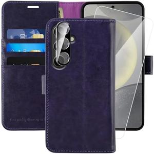 MONASAY Wallet Case Fit for Samsung Galaxy S24 5G, [Lens & Glass Screen Protector Included] [RFID Blocking] Flip Folio Leather Cell Phone Cover with Credit Card Holder, 6.2 inch, Purple