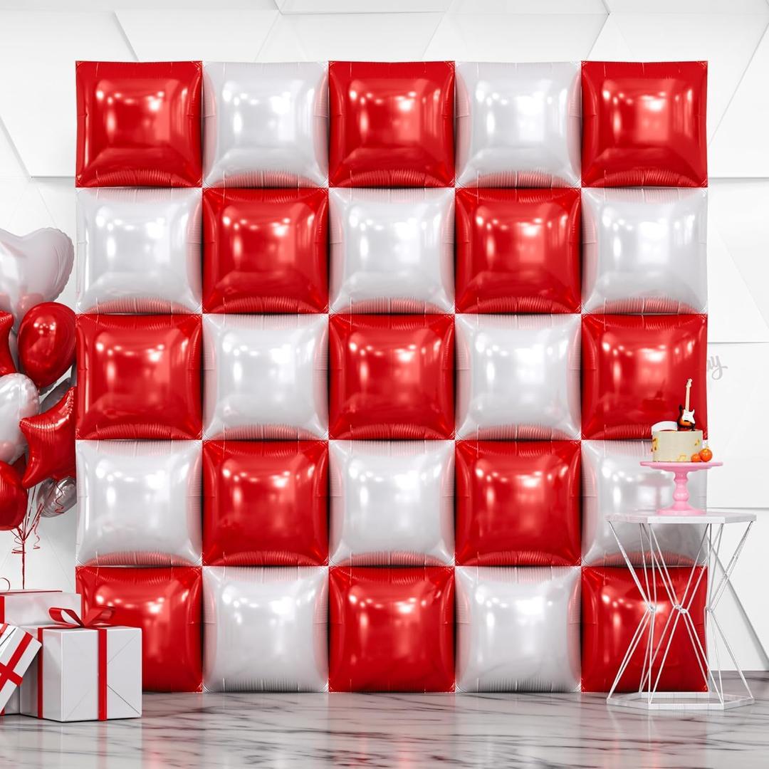 NISOCY 25PCS Red White Square Foil Balloons Wall Double Backdrop Sided Red Pearl White Balloon Tunnel Arch Kit for Christmas Birthday Valentine's Day Baby Shower Wedding Party Decorations