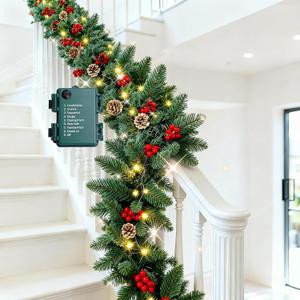 9FT Lighted Christmas Garland Battery Operated with Red Berries & Pine Cones, Outdoor Christmas Garland for Stairs, Artificial Prelit Christmas Galands with Lights