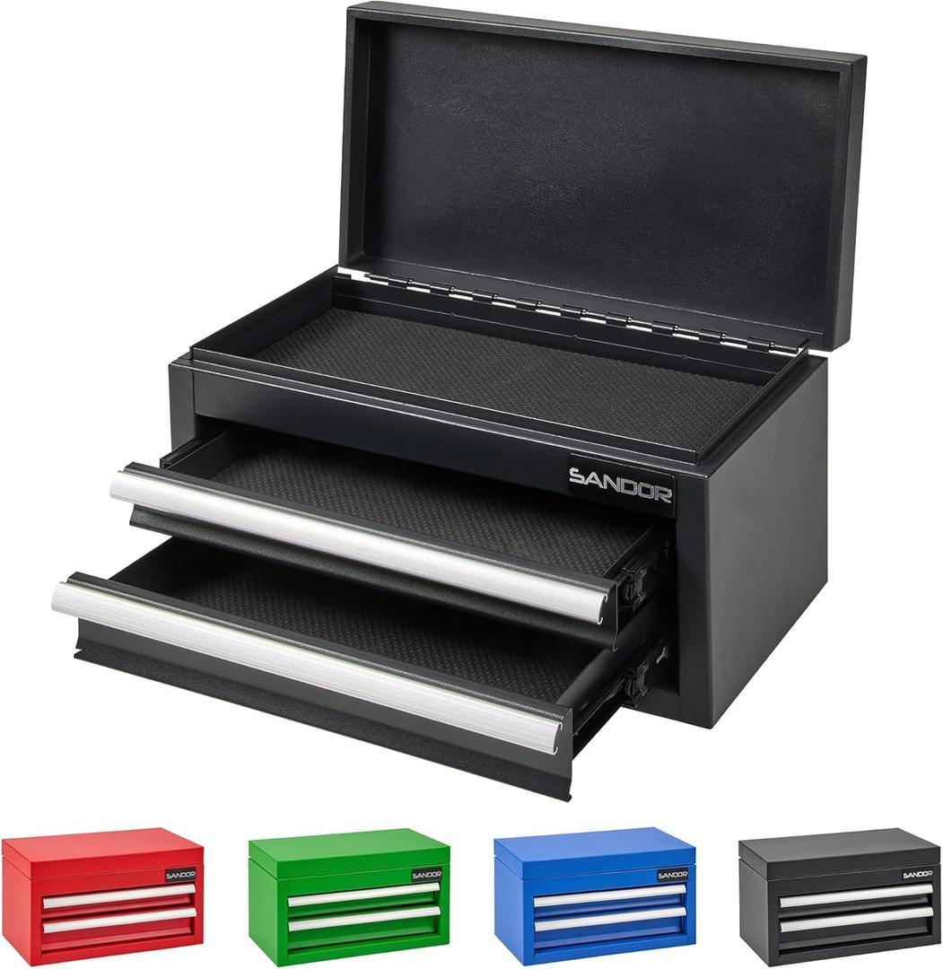 Mini Tool Box - Metal Tool Chest with 2 Drawers & PVC Drawer Liners for Workbench or Desk, Powder-Coated Steel Small Toolbox - Multi-Purpose Storage for Machinists Tools, DIY, 3D Printer Parts - Black