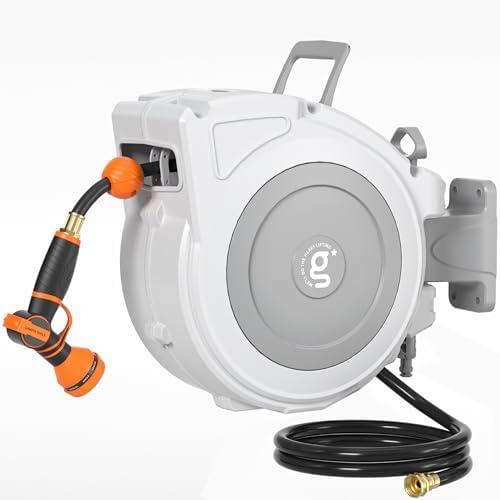 Giraffe Tools Retractable Hose Reel 1/2" x 65 ft Heavy Duty Water Hose Reel, Swivel Bracket, Any Length Lock, with 9-Function Sprayer Nozzle Giraffe Tools Retractable Hose Reel 1/2" x 65 ft Heavy Duty Water Hose Reel, Swivel Bracket, Any Length Lock, with 9-Function Sprayer Nozzle
