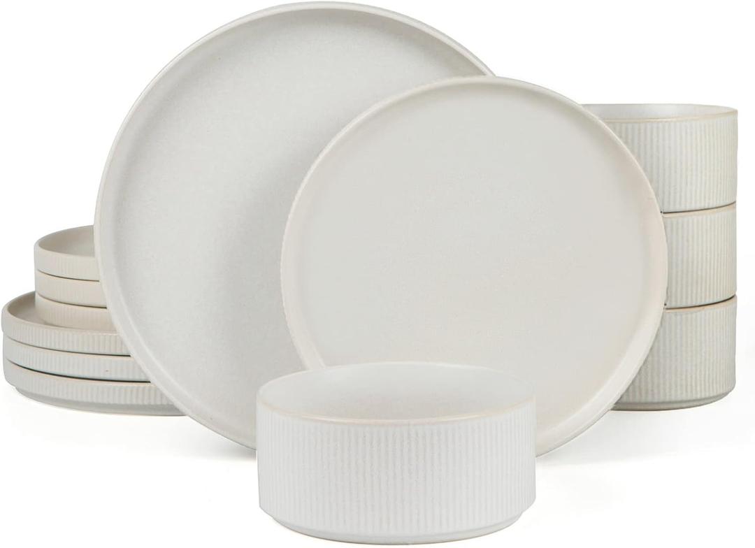 Famiware Star Dinnerware Sets, Plates and Bowls Set for 4, 12 Pieces Dishes - Chip and Scratch Resistant, Microwave and Dishwasher Safe Kitchen Set, Matte White