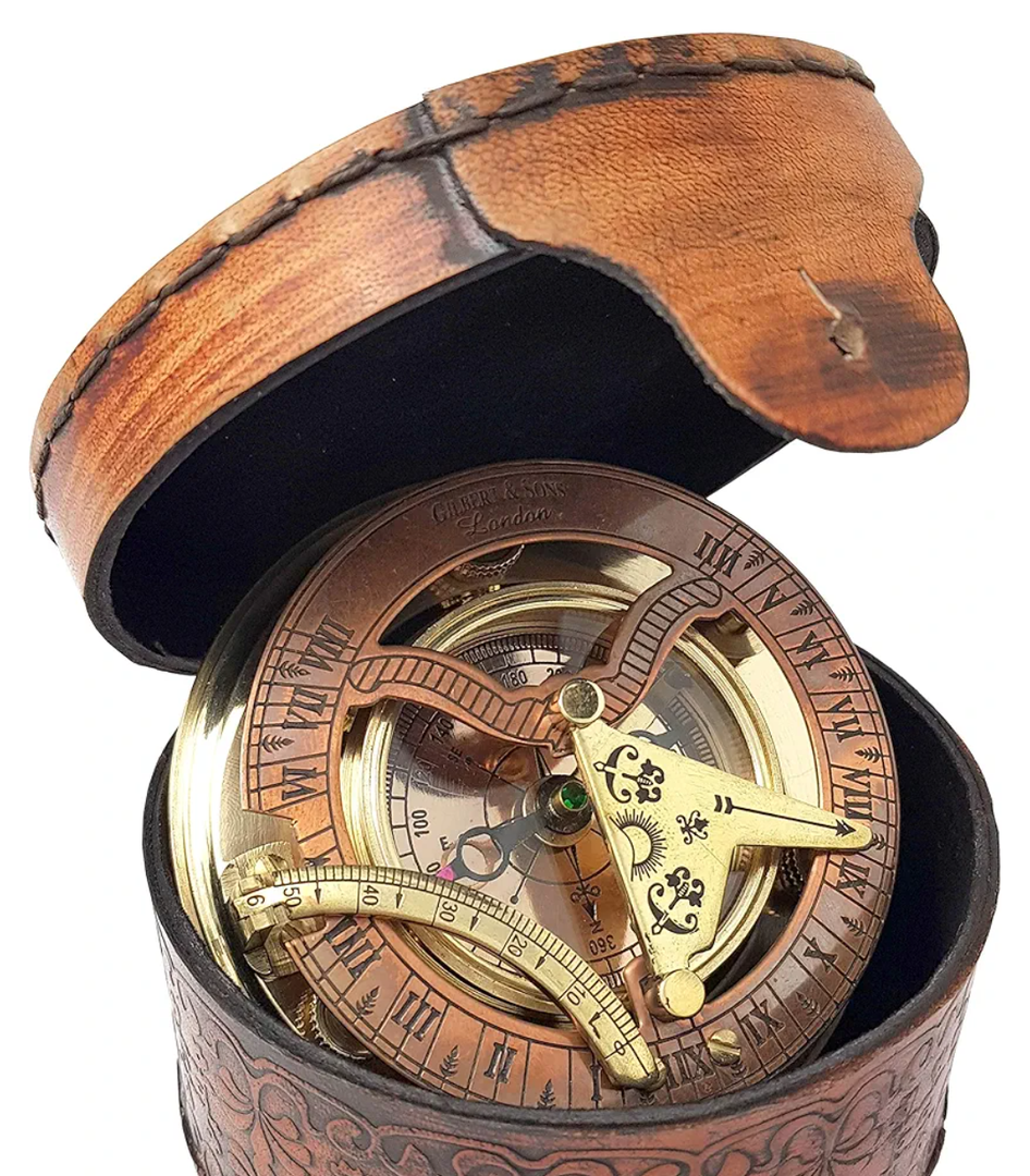 Brass Nautical - Antique Brass & Copper Sundial Compass, Sundial Clock in Box Gift Sun Clock Ship Replica Watch
