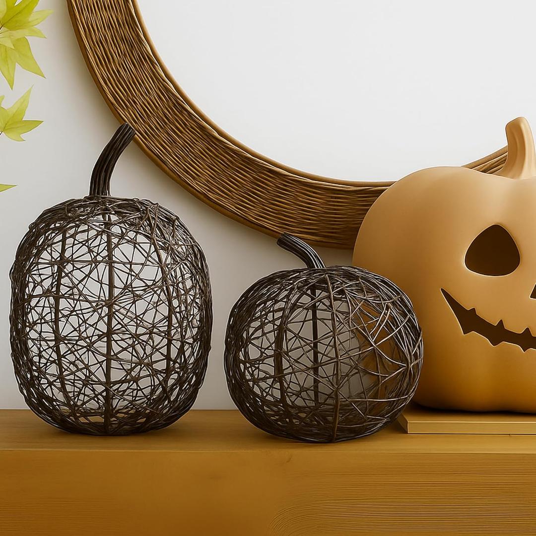 2 Pcs Wicker Rattan Pumpkin 7 Inch 9 Inch Neutral Thanksgiving Decor Woven Pumpkins Thanksgiving Table Centerpieces for Fall Autumn Harvest Table Decorations Indoor Outdoor Tabletops Mantle