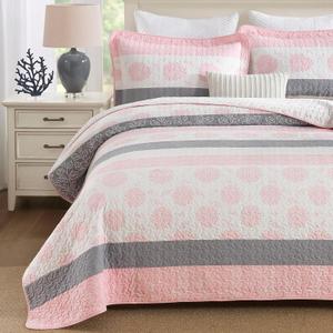 Homzard 100% Cotton Quilts Queen Size, Floral Pink Comforter Set Queen Size,Pink White Grey Bedding Set,Lightweight Floral Pattern Bedspread Set 3 Piece All Season Coverlet | cotton quilt set