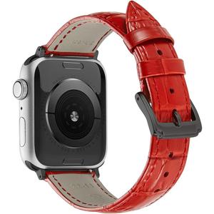 Genuine Leather Strap Compatible With Apple Watch Band 38mm 40mm 41mm 42mm 44mm 45mm 46mm 49mm Women Men, Crocodile Embossed Bands Wristbands Replacement for iWatch Series 10 9 8 7 6 SE 5 4 3 2 1 Ultra (Red-Black Buckle)