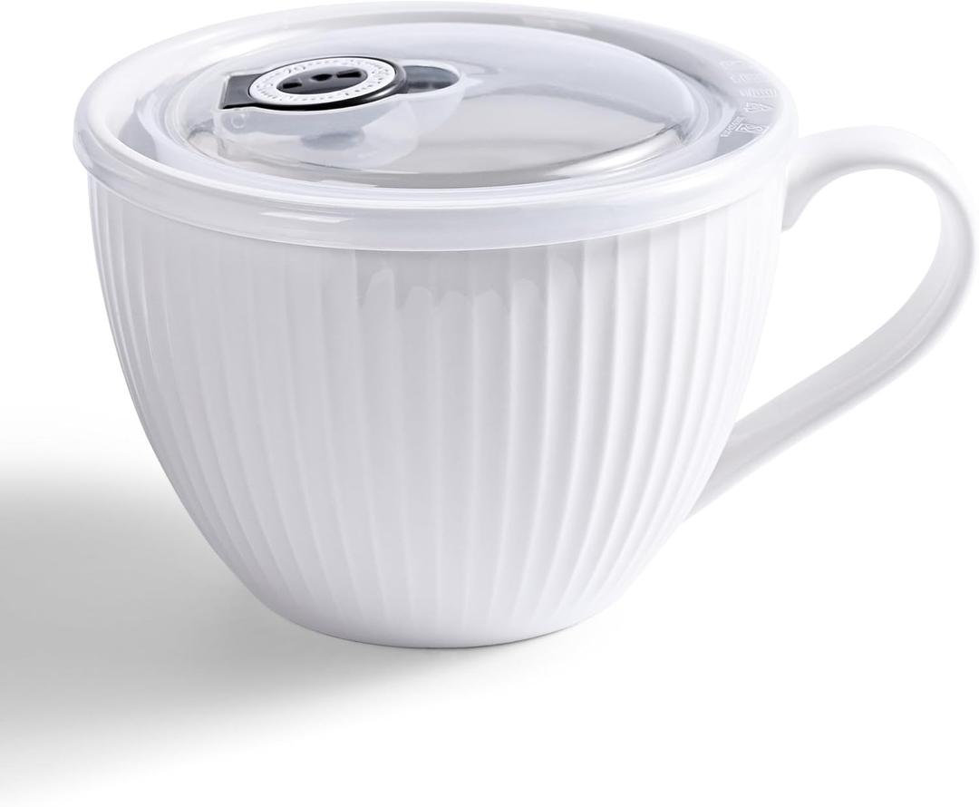 Ceramic Soup Mug with Lid, 24oz Large Soup Cup with Handle, Microwave Soup Bowl for Breakfast Cereal, Oatmeal, Overnight Oats, Coffee, Salad, Dishwasher Safe,Housewarming Wedding Gift ,1PC (White)
