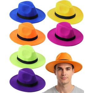 SATINIOR 6 Pcs Felt Bowler Hats Bulk Vintage Gangster Mafia Manhattan 1920s Costume Hats for Halloween Cosplay Party Supplies (Mafia, 6 Neon Colors)