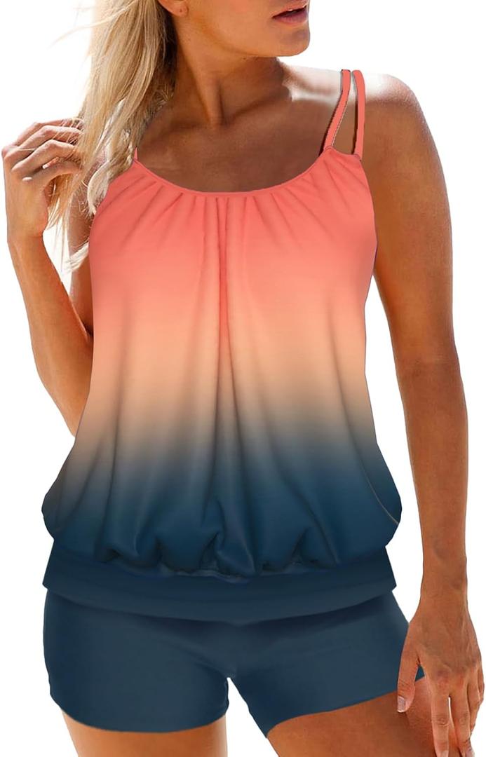 Modlily Tummy Control Tankini Swimsuits for Women, Lightweight Two Piece Bathing Suits, Blouson Top with Boyshorts, XL