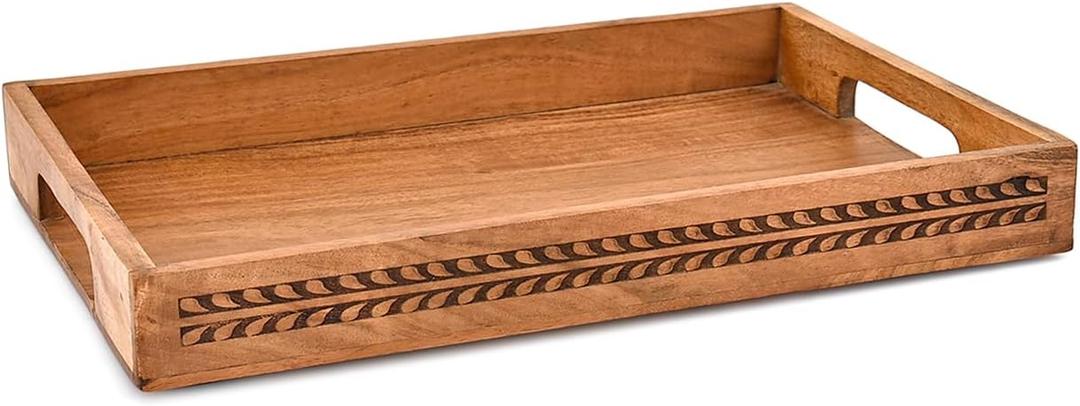 Nirman Serving Trays Acacia Wood Engraved Designer Tray with Handles | Elegant Gift for Home Decor, Hosting, Parties (15" x 10" x 1.75")