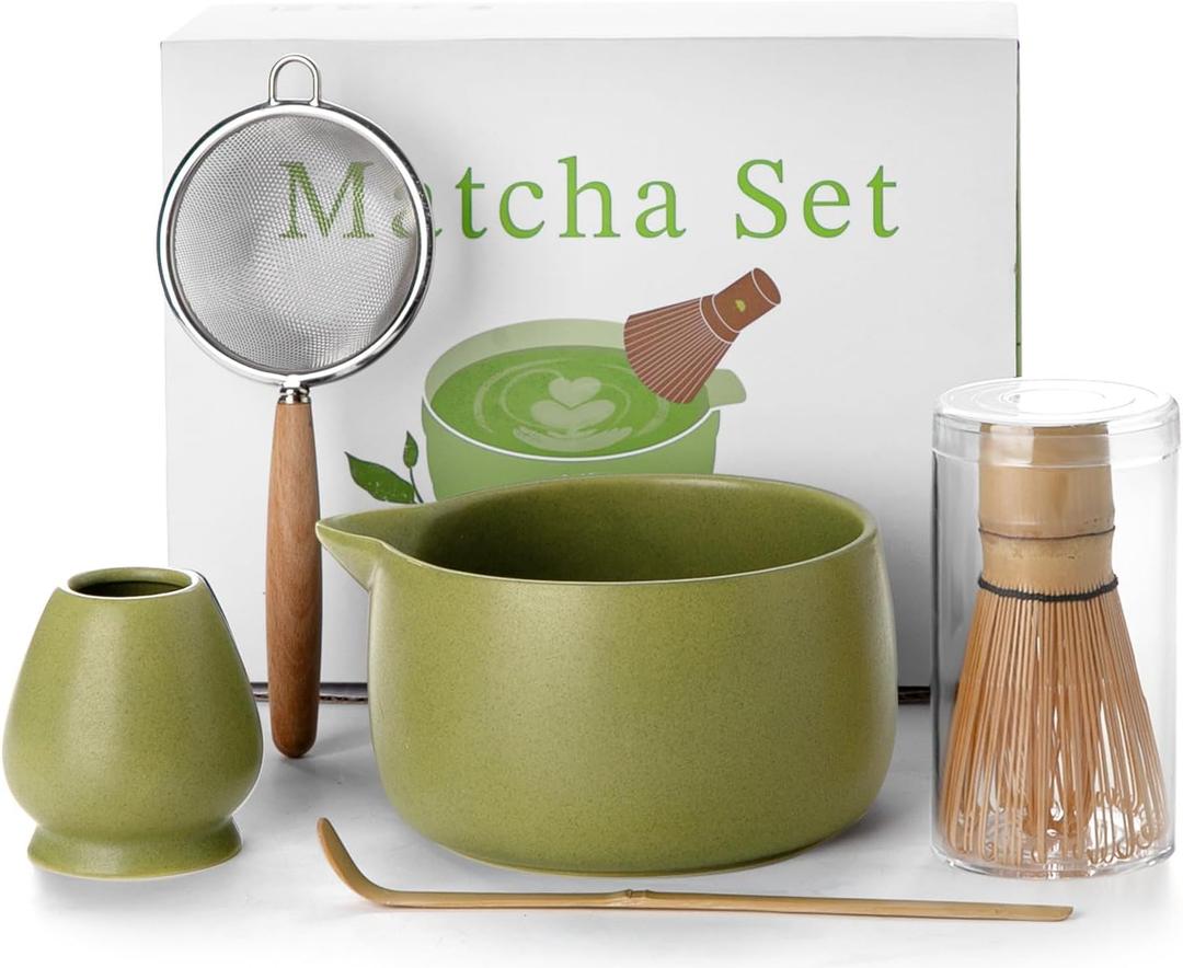 20OZ Matcha Whisk Set - 5PCS Japanese Tea Set Includes Matcha Bowl with Spout, Bamboo Whisk with Ceramic Holder, Bamboo Scoop and Sifter, Matcha Kit for Ceremony, Gift for Matcha Lovers (Matcha Green)
