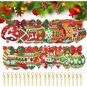 Saizamol 20 Pcs Christmas Diamond Painting Charm Kits Christmas Ball 5D DIY Diamond Art Pendants Hanging Key Charms for Christmas Party Decoration DIY