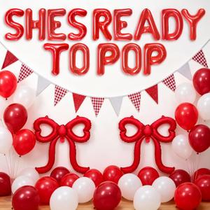 2 x Shes Ready to Pop Balloons Retro Soda Baby Shower Decor Bows Balloon Banner | Coquette Red Bows Balloon Banner Shes About to Pop Party Supplies Shes Ready to Pop Balloons Retro Soda Baby Shower Decor