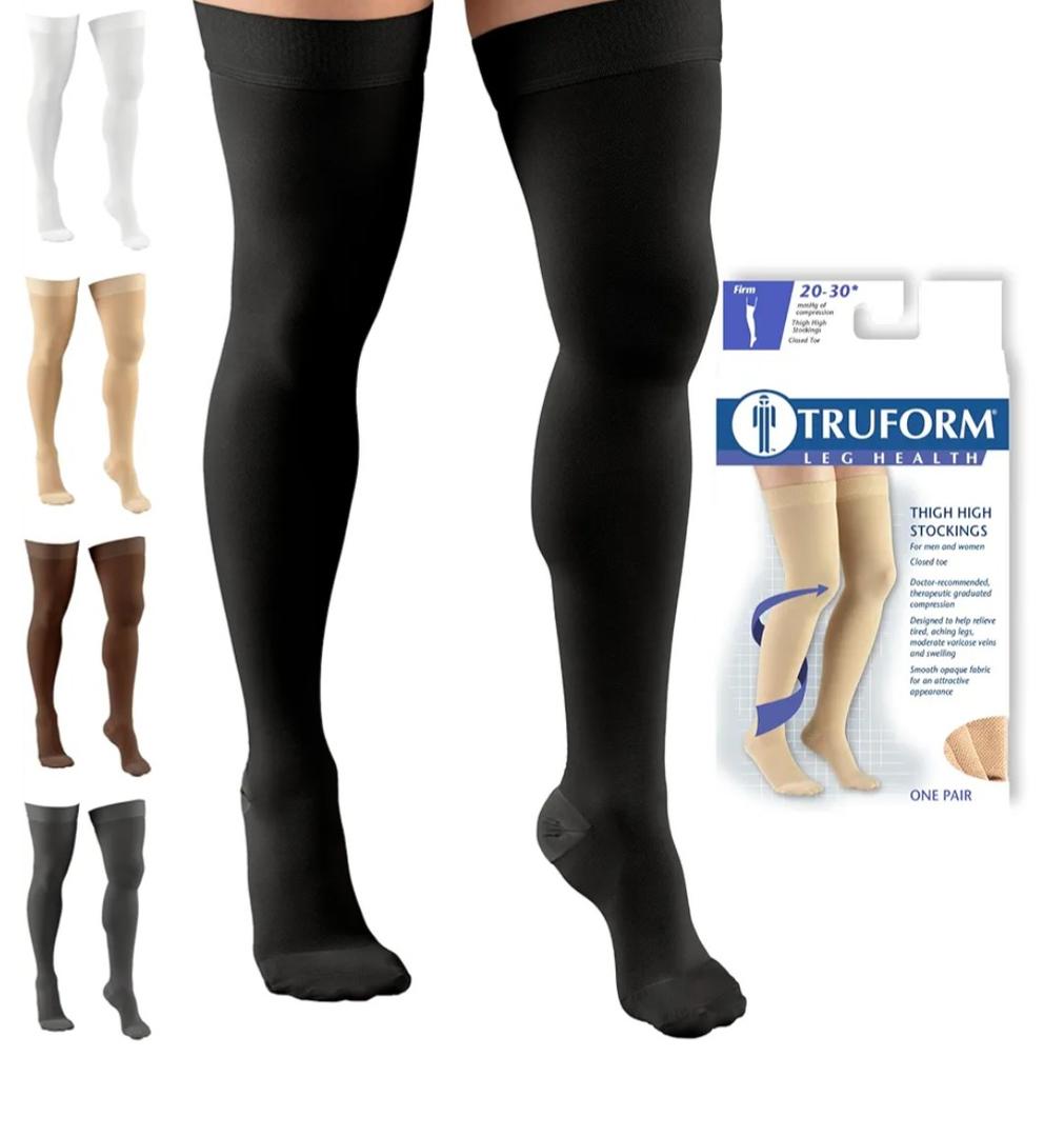Truform 20-30 mmHg Compression Stockings for Men and Women, Thigh High Length, Dot Top, Closed Toe, Black, Medium