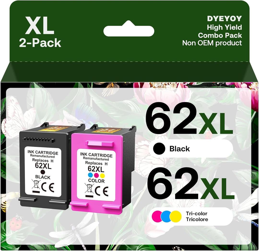 62XL Ink Cartridge Combo Pack Black & Color Replacement for HP 62 XL, 62XL Remanufactured Ink Work with Envy 5540 Series