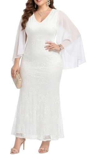 Plus Size Wedding Dresses White Cape Ruffle Sleeves​Chiffon V Neck Formal Evening Lace Long Mermaid Dresses 2025 22W