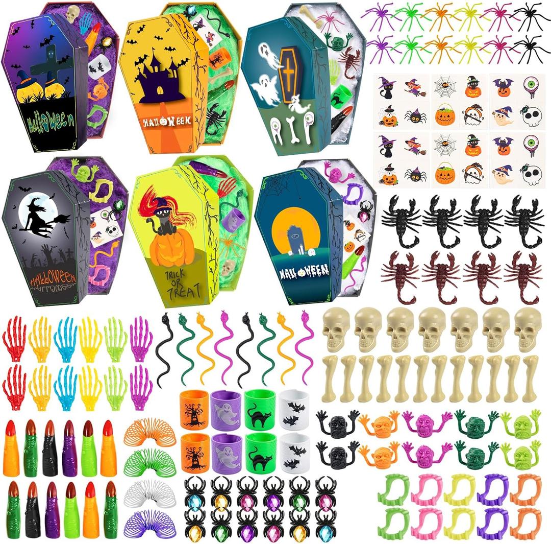 243 PCS Halloween Party Favors for Kids, 24 Pack Coffin-Shaped Goodie Bags with Halloween Toy, Halloween Goodie Bags Stuffers, Bulk Halloween Party Favors Gifts for Trick or Treat