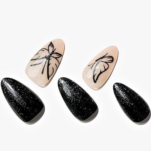 GLAMERMAID Press on Nails Almond,Black Gel False Nails with Design,24 PCS Glue on Nails,Reusable Acrylic Stick on Nails Tips Manicure Set for Women,Butterfly Imprint, Black/White with Buttertfly2 Pack