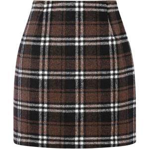 IDEALSANXUN Womens High Waist Plaid Skirt Bodycon Pencil Wool Mini Skirts (Medium, Coffee)