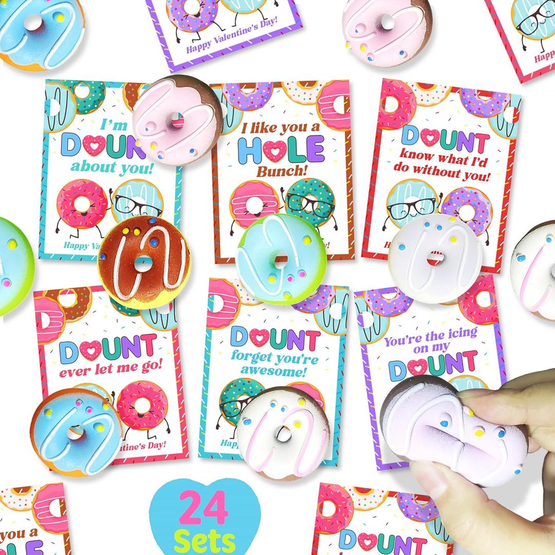 Donut Squishy Valentines Day Cards Gifts for Boys Girls Classroom Exchange, 24 Packs Valentines Day Donut Squishies with Cards for Kids School Party Favor