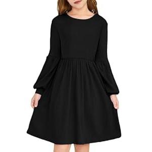 YOURUIKEY Girls Fall Dresses, Sweater Dress Lantern Long Sleeve Casual Knit Winter Dress for Girl Size 7-14 Years Black