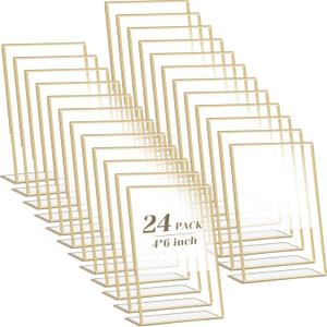 24 Pack 4 x 6 Inch Acrylic Gold Sign Holder Picture Frames Bulk Table Number Holders Plastic Picture Flyer Holder Desktop Table Menu Stands for Wedding Office Store Restaurant Art Photos Display