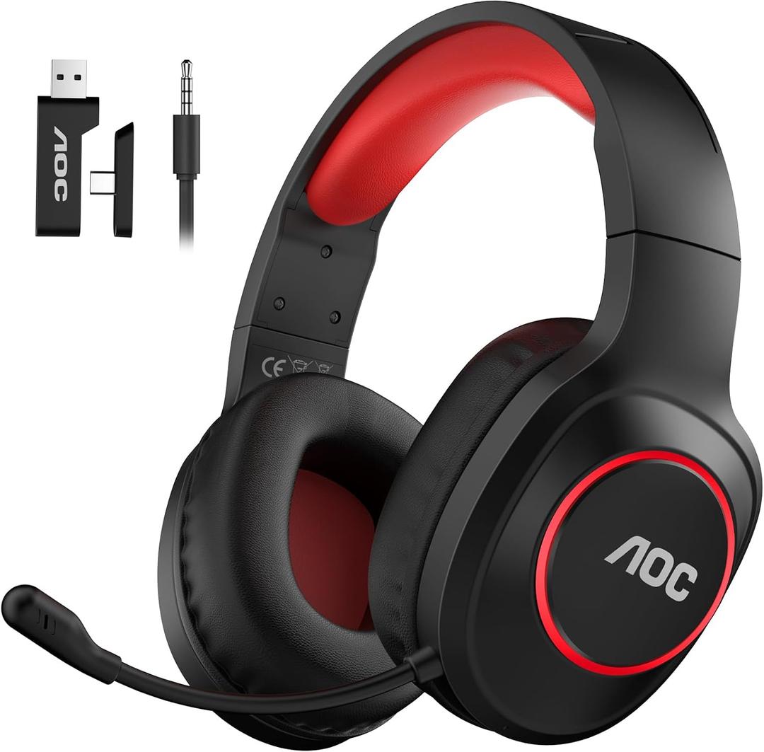 AOC Bluetooth Gaming Headset with Mic for PC, PS5/4, Nintendo Switch, 2.4GHz Wireless Gaming Headphones with RGB, USB-C, 7.1 Virtual Surround 20ms, Latency, 45H Playtime- Red