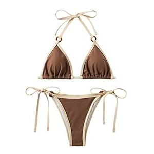 SHENHE Women's Sexy Bikini Sets Ring Triangle Tie Bathing Suits 2 Piece Swimsuits Coffee Brown, L