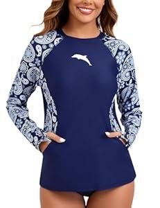 Halcurt Women Swim Shirt with Built-in Bra Rash Guard with Pockets Thumb Hole Swimsuit Top Paisley, XL