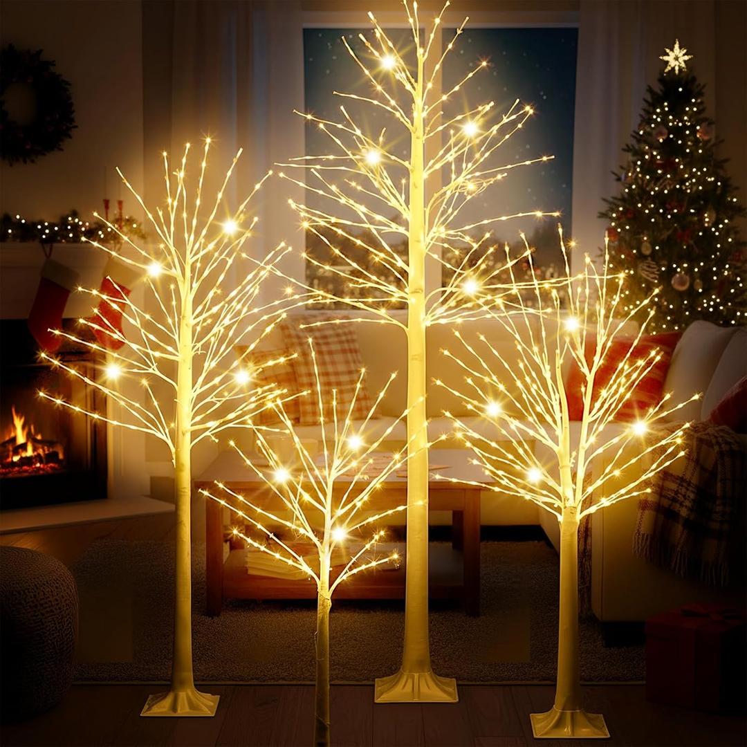 Baquler Pack of 4 Lighted Birch Tree - 4' 5' 6' 8' Large Christmas Warm-White LED 8 Mode Light Birch Tree Decoration Set for Thanksgiving Holiday Fall Winter Party Decor, Indoor & Outdoor