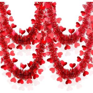 Valentines Day Decor 33Ft Tinsel Red Heart Garland Glitter Metallic Twist Valentine Decorations for Indoor Outdoor Holiday Home Tree Mantle Party Office Parade Floats Ornaments - Red 1