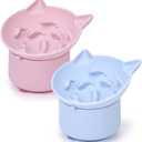 Funnymoom 2 Pack Silicone Cat Slow Feeder, Elevated Slow Feeder Cat Bowl for Dry and Wet Food, Tilted Design with Non Slip Base, Adjustable Angle for Pet (Pink and Blue)