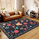 Terrug Floral Washable Area Rug for Bedroom, 4x6 Black Rug Boho Ultra-Thin Rugs for Entryway, Soft Non Slip Carpet Vintage Rug for Living Room, Entry, Kitchen, College Dorm, Dining Room, Nursery