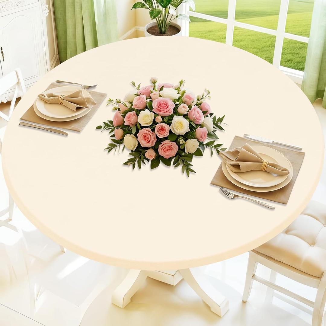 Moosfor Round Spandex Tablecloth, Elastic Fitted Waterproof Tablecloths for 36"-44" Tables, Stretch Washable Picnic Table Cover for Camping, Dining, Indoor and Outdoor, Beige