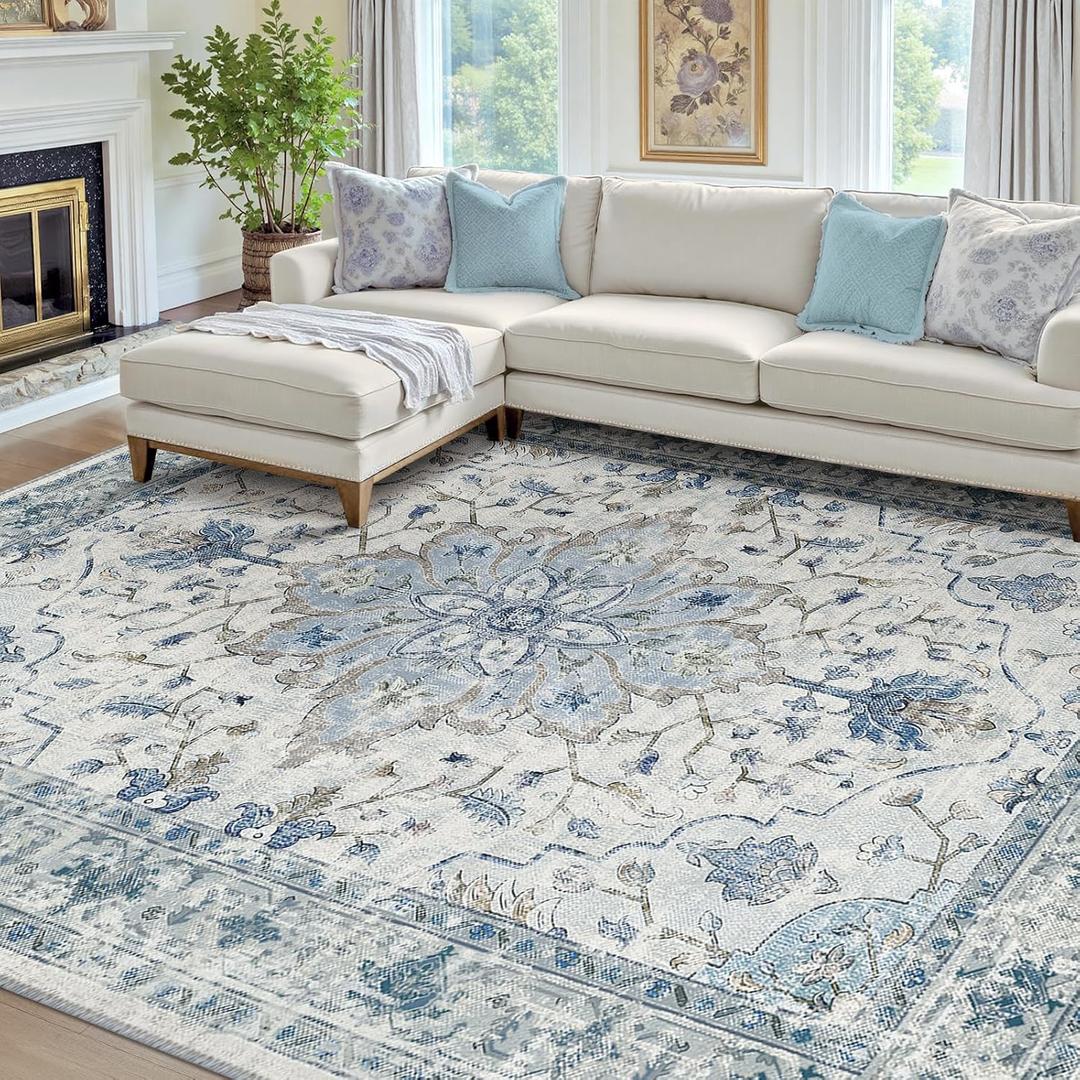 RELEANY Washable Area Rug, 8'x10', Blue/White/Gray