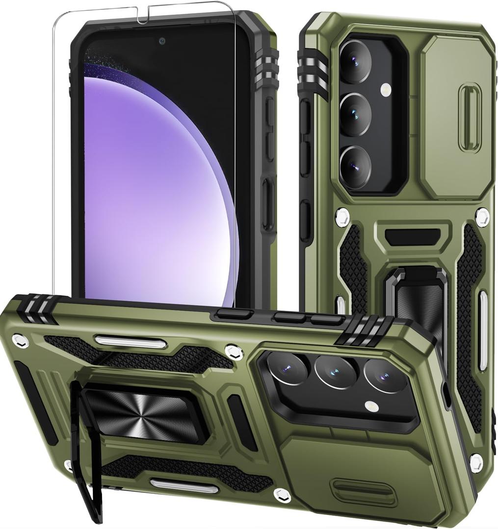 2 x WRJ for Samsung Galaxy S25 Plus/S24 Plus Case with Slide Camera Cover and Screen Protector, Military Grade Protection [Rotated Kickstand] Heavy Duty Shockproof Protective Cover-Olive Green