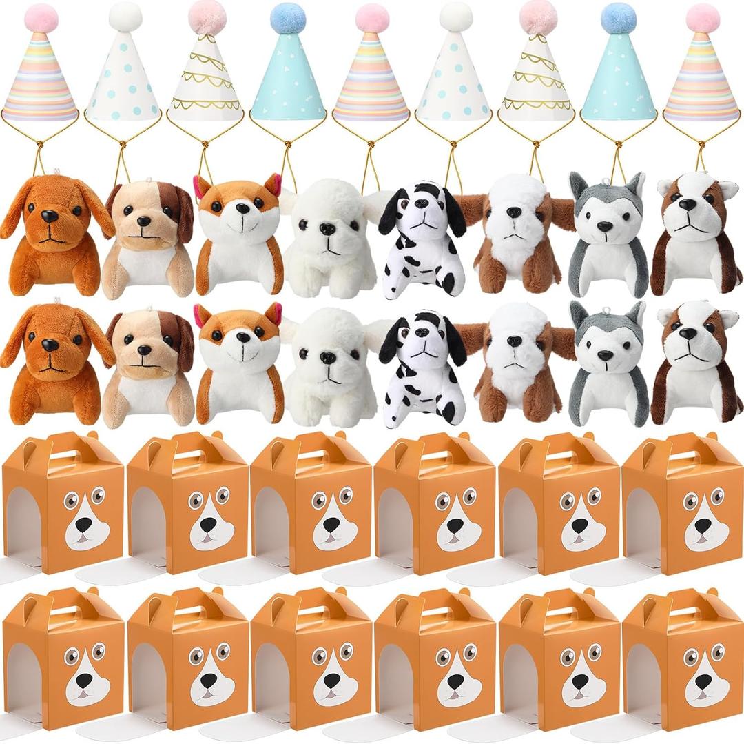 20 Sets Adopt A Puppy Favors for Kids Include Mini Plush Dog Stuffed Puppy Toys, Pet Birthday Hats and Kraft Dog Boxes for Toddler Animal Theme Birthday Party Gifts