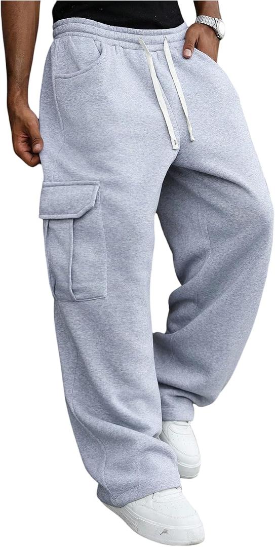 RoseSeek Men's Wide Leg Athletic Sweatpants Drawstring Waist Relaxed Fit Cargo Pants with Pockets (Gray, S)