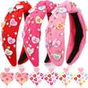 Thiccywoov 9 Pcs Bulk Valentines Day Headband and Earrings for Women with 3pcs Valentines Headband 6pcs Heart Earrings Wide Top Knot for Party Dating Galentine's Day Party