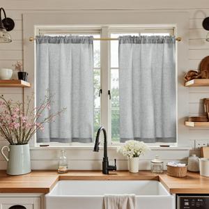 jinchan Grey Kitchen Curtains Linen Tier Curtains 45 Inch Farmhouse Cafe Country Drapes for Small Window Rustic Rod Pocket Light Filtering Flax for Laundry Room Bathroom Over Sink RV 2 Panels Gray