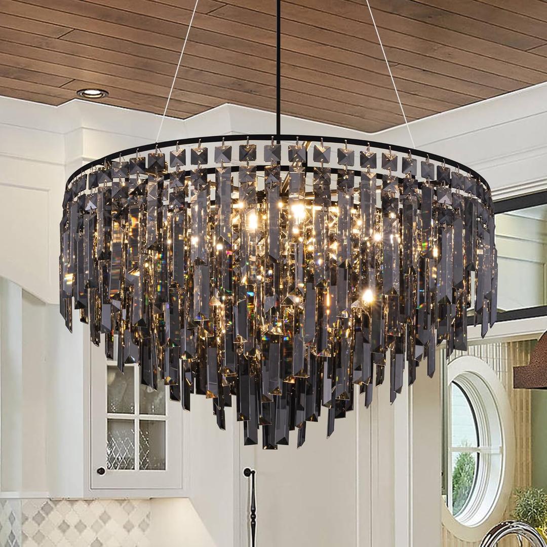 Wellmet Crystal Chandelier with K9 Smoke Crystals, Farmhouse Chandelier for Dining Room, Round Light Fixture for Bedroom, Kitchen Island, Hallway, Closet, Living Room, Entryway, Foyer (Black)