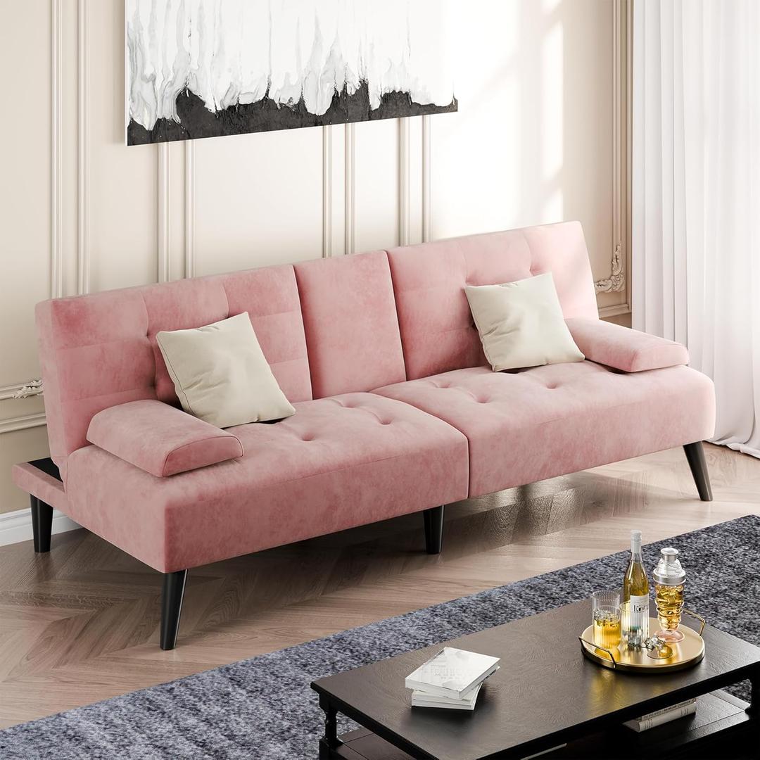 Shintenchi Futon Sofa Bed, Velvet Foldable Couch Reclining Sleeper w/Removable Armrests, Upholstered Loveseat w/Folding Cup Holders for Home, Office, Pink