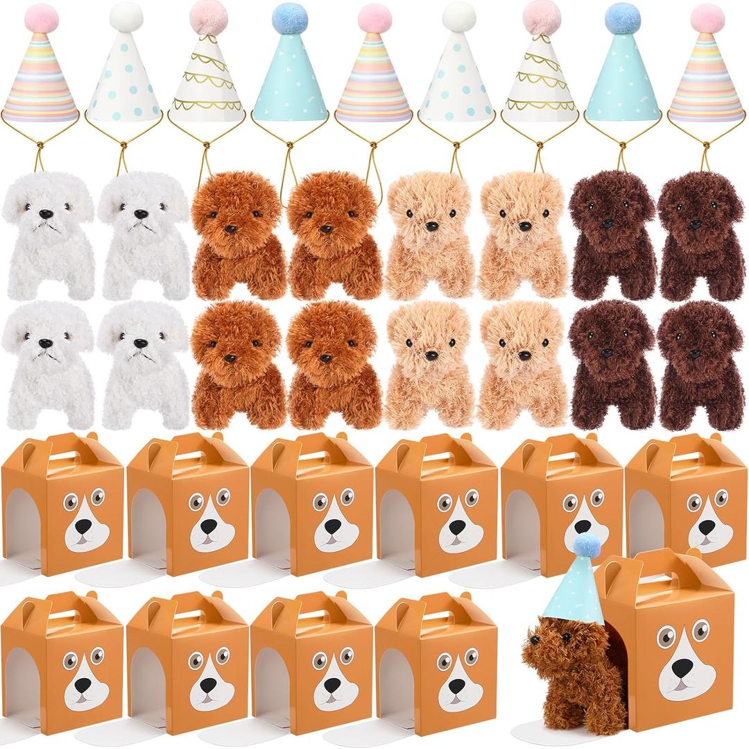 20 Pcs Mini Plush Dog Set 4 Inch Small Stuffed Puppy Dolls with 20 Dog Themed Party Favor Boxes 20 Birthday Hats, Soft Plush Stuffed Animal for Kids Birthday Adopt a Pet Favor (Basic)