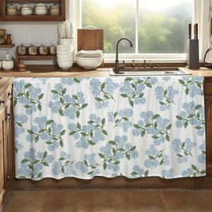 MUGINYU Cabinet Curtains 28" W x 51" L Sink Skirt for Bathroom, Blue Green Floral Hydrangea Short Curtains for Kitchen &Classroom, Vintage Farmhouse Closet Dishwasher Curtain with Velcro