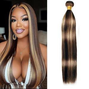 16 Inch Straight Wave Human Hair Single Bundle P4/27 Weave One Bundle Human Hair Unprocessed Brazilian Virgin Quick Weave Hair Extension for Black Women