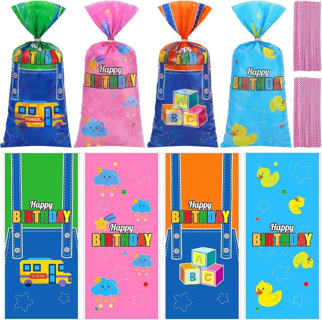 Glenmal 100 Pcs English Teacher Party Gift Bags Cartoon Enlightened Teacher Birthday Party Decorations Cellophane Treat Bags with Twist Ties for Goodie Candy Snack Birthday Classroom Decor Supplies