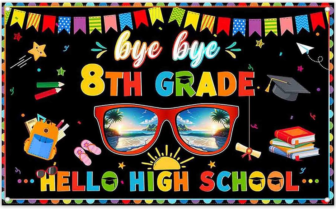 72x43inch Fabric 8th Grade Graduation Backdrop Hello High School Sunglasses Classroom Blackboard Photography Background Student Party Decorations Photo Props