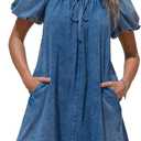 EXLURA Womens Summer Denim Short Puff Sleeve Dresses Knit Loose Plus Size Short Mini Dress 2025 Trendy Outfit (Large, Blue)